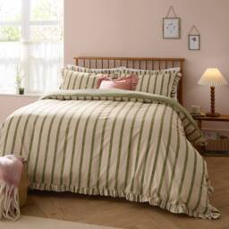 Wylder Connie Striped Ruffle Duvet Cover Set in Olive - Size: Super King - thumbnail 1