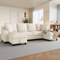 Merax Chenille U-Shaped Sectional Corner Sofa with Twin Storage Chaises in Beige - thumbnail 7
