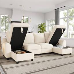 Merax Chenille U-Shaped Sectional Corner Sofa with Twin Storage Chaises in Beige - thumbnail 5