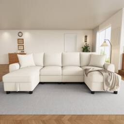 Merax Chenille U-Shaped Sectional Corner Sofa with Twin Storage Chaises in Beige - thumbnail 8