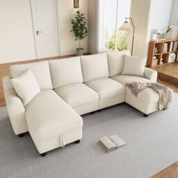 Merax Chenille U-Shaped Sectional Corner Sofa with Twin Storage Chaises in Beige - thumbnail 6