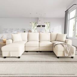 Merax Chenille U-Shaped Sectional Corner Sofa with Twin Storage Chaises in Beige - thumbnail 3