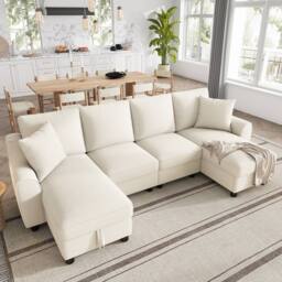 Merax Chenille U-Shaped Sectional Corner Sofa with Twin Storage Chaises in Beige