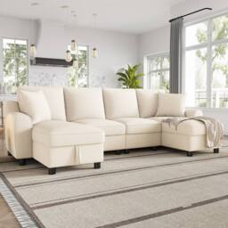 Merax Chenille U-Shaped Sectional Corner Sofa with Twin Storage Chaises in Beige - thumbnail 4
