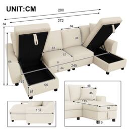 Merax Chenille U-Shaped Sectional Corner Sofa with Twin Storage Chaises in Beige - thumbnail 2