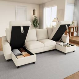 Merax Chenille U-Shaped Sectional Corner Sofa with Twin Storage Chaises in Beige - thumbnail 9