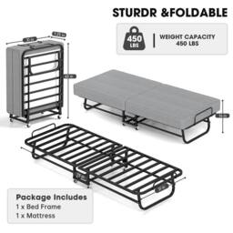 Kelvenix Portable Fold Up Guest Bed with Memory Foam Mattress & Wheels in Grey - thumbnail 2