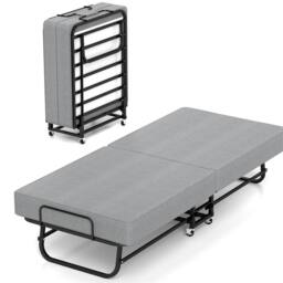 Kelvenix Portable Fold Up Guest Bed with Memory Foam Mattress & Wheels in Grey