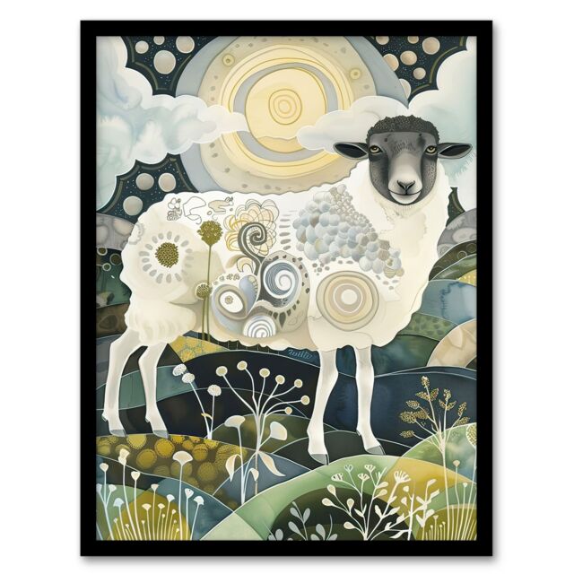 Artery8 Stylised Sheep with Patterns Full Moon Folk Art Framed Art Print in Navy - Size: A4 - image 1