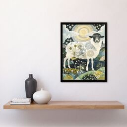 Artery8 Stylised Sheep with Patterns Full Moon Folk Art Framed Art Print in Navy - Size: A4 - thumbnail 4