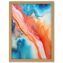Artery8 Wall Art Print Abstract Blue & Orange Fluid Flow Painting Water Meets Oil Artwork Framed A4 in Light Oak - thumbnail 1