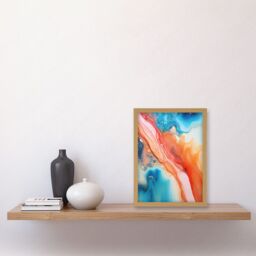 Artery8 Wall Art Print Abstract Blue & Orange Fluid Flow Painting Water Meets Oil Artwork Framed A4 in Light Oak - thumbnail 2