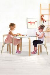 Living and Home 3Pcs Children's Poplar Toddler Game Dining Table and Chair Set in White - thumbnail 2