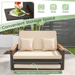 Gymax Outdoor Wicker Day Bed Rattan Loveseat With Storage Ottoman Sun Lounger in Beige - thumbnail 4
