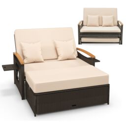 Gymax Outdoor Wicker Day Bed Rattan Loveseat With Storage Ottoman Sun Lounger in Beige - thumbnail 1