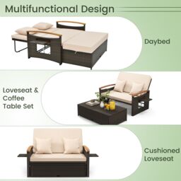 Gymax Outdoor Wicker Day Bed Rattan Loveseat With Storage Ottoman Sun Lounger in Beige - thumbnail 6