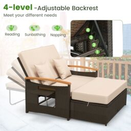 Gymax Outdoor Wicker Day Bed Rattan Loveseat With Storage Ottoman Sun Lounger in Beige - thumbnail 3