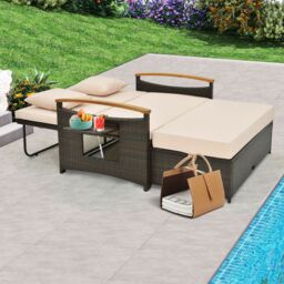 Gymax Outdoor Wicker Day Bed Rattan Loveseat With Storage Ottoman Sun Lounger in Beige - thumbnail 8