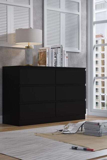 FWStyle Stora Matt 6 Drawer Chest (H) 77 (W) 110 (D) 40cm Extra Deep Drawers in Black - image 1