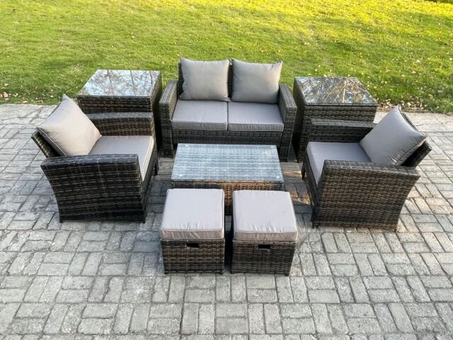 Fimous 6 Seater Dark Grey Outdoor Rattan Garden Furniture Set Patio Lounge Sofa Rectangular Coffee Table with 2 Side Table