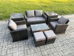 Fimous 6 Seater Dark Grey Outdoor Rattan Garden Furniture Set Patio Lounge Sofa Rectangular Coffee Table with 2 Side Table - thumbnail 2
