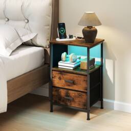 Gymax 2 Pack Nightstand End Table With Charging Station LED lights 2 Drawers in Brown - thumbnail 3