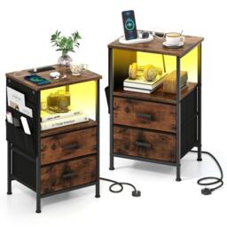 Gymax 2 Pack Nightstand End Table With Charging Station LED lights 2 Drawers in Brown - thumbnail 1