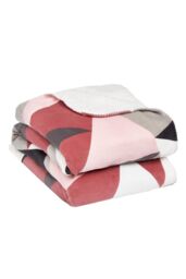 OHS Geometric Shapes Fleece Sherpa Throw Bed Blanket in Baby Pink - Size: 150 cm x 180 cm