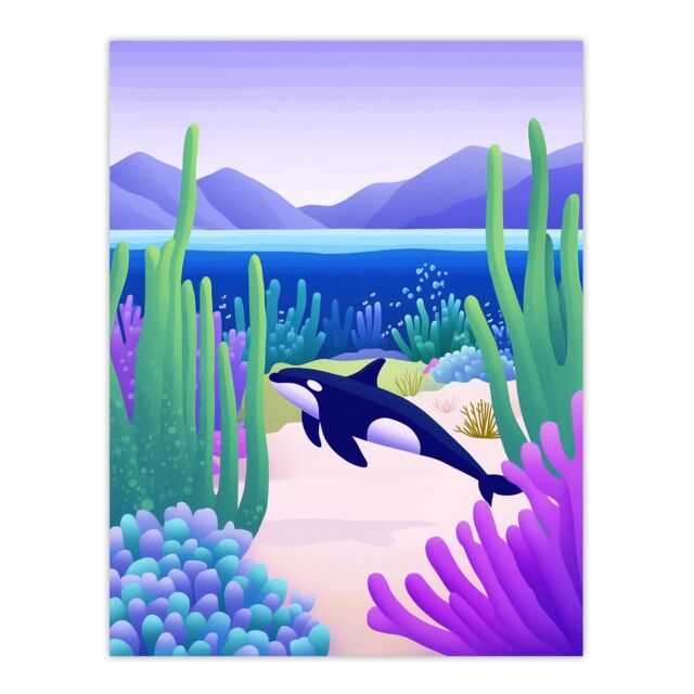 "Artery8 Orca Whale Coastal Coral Reef Underwater Scene Wall Art Print in Purple - Size: W18"" x H24""" - image 1