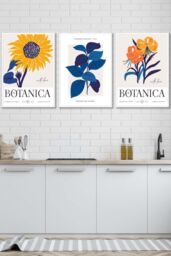 ARTZE Set of 3 White Framed Flower Market Sunflower Yellow Blue Wall Art in Bright Yellow - Size: W45 cm x H62 cm x D20mm