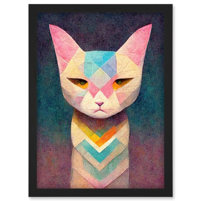 Artery8 Geometric Egyptian Cat Pastel Boho Artwork Framed Wall Art Print A4 in Black - image 1