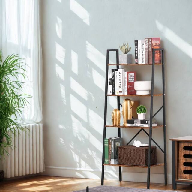 Pirlo Plush 4 Tier Freestanding Ladder Shelf For Living Room Storage Rustic in Brown - image 1