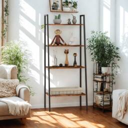 Pirlo Plush 4 Tier Freestanding Ladder Shelf For Living Room Storage Rustic in Brown - thumbnail 2