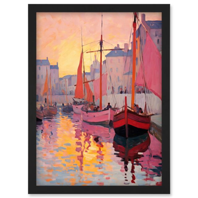 Artery8 Wall Art Print Sailboats Reflecting in Harbour Water Pink Orange Sunset Oil Painting Anchoring by Promenade Artwork Framed A4 in Black - image 1