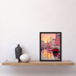 Artery8 Wall Art Print Sailboats Reflecting in Harbour Water Pink Orange Sunset Oil Painting Anchoring by Promenade Artwork Framed A4 in Black - thumbnail 2