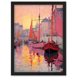 Artery8 Wall Art Print Sailboats Reflecting in Harbour Water Pink Orange Sunset Oil Painting Anchoring by Promenade Artwork Framed A4 in Black - thumbnail 1