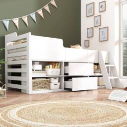 Merax 3ft Single Wood Mid Sleeper Bed with Storage Drawers & Shelves in White - thumbnail 9