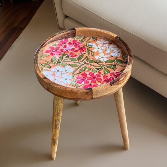 Hartsmede Handmade Side Table Solid Mango Wood Detachable Legs Mosaic in Light Red - image 1