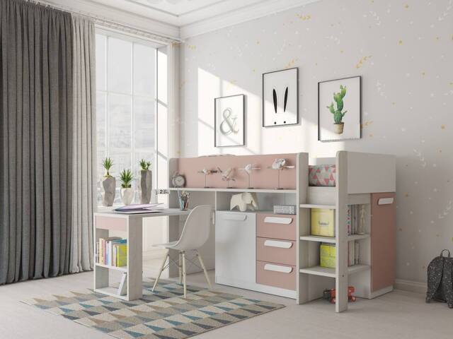 Vente-unique Cabin Bed With Desk & Storage - 90 X 200 Cm - Pink, Natural and in Pink - Size: Single - image 1