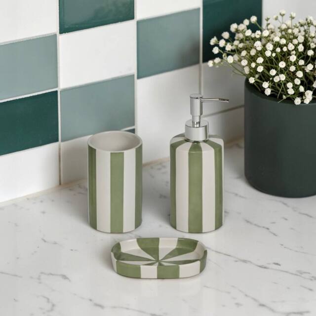 Showerdrape Pier Green & White Striped 3 Piece Bathroom Accessory Set - image 1