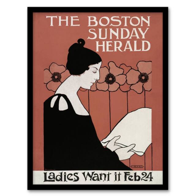 Artery8 Herald Cover Poppies Nouveau Vintage Framed Wall Art Print Ethel Reed in Red - Size: A4 - image 1