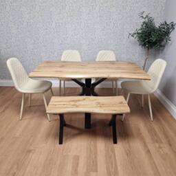 KOSY KOALA Modern Dining Table Set with 4 Cream Chairs & 1 Bench for Kitchen in Brown - thumbnail 2