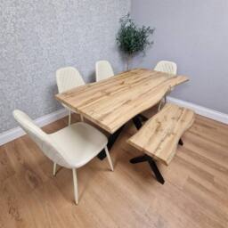 KOSY KOALA Modern Dining Table Set with 4 Cream Chairs & 1 Bench for Kitchen in Brown - thumbnail 3