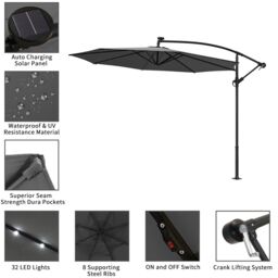 Living and Home Outdoor 32 LED Lighted Patio Umbrella with Crank Lift System, Cross Base & Fillable Base in Dark Grey - thumbnail 7