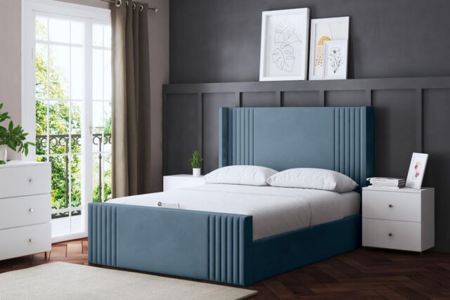 DS Living Elara Winged Metallic Blue Panel Bed with Headboard - Size: King - image 1