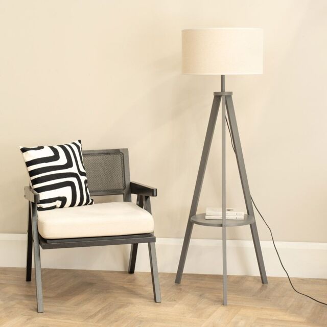 ValueLights Morrigan Grey Wood Tripod Floor Lamp Linen White Trim Shade & Bulb in Natural - image 1