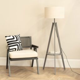 ValueLights Morrigan Grey Wood Tripod Floor Lamp Linen White Trim Shade & Bulb in Natural - thumbnail 3