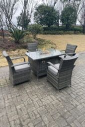 Fimous PE Rattan Gas Fire Pit Oblong Table Gas Heater Dining Table & Chair Set 4 Seater in Dark Grey