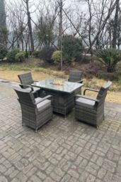 Fimous PE Rattan Gas Fire Pit Oblong Table Gas Heater Dining Table & Chair Set 4 Seater in Dark Grey - thumbnail 3