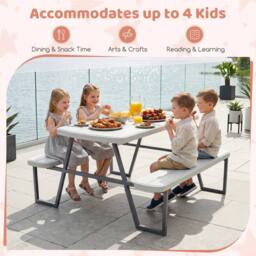 CASART Kids Picnic Table w/Benches Camping Table & Chairs w/ Umbrella Hole in White - thumbnail 3